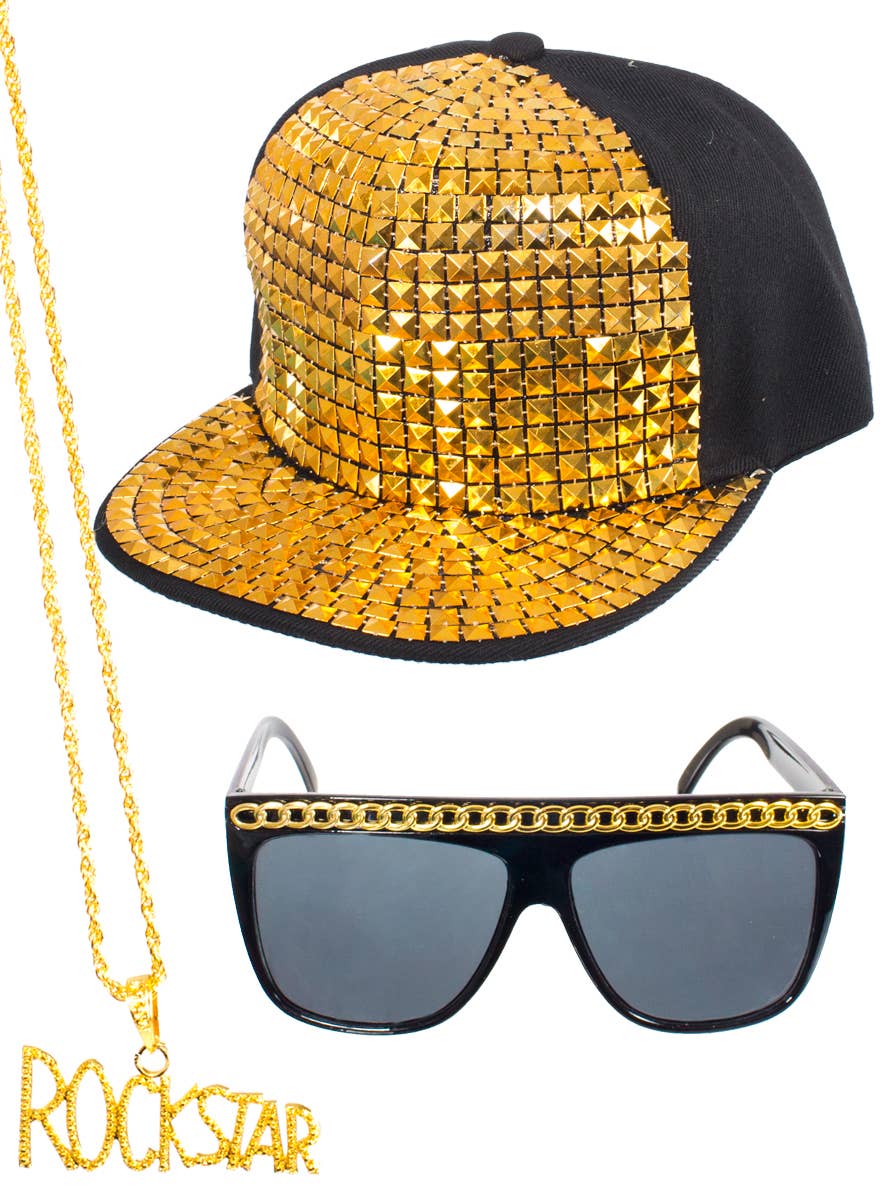 Head Accessory Rapper Gold Bling Rockstar Dress Up Set | 90s Rapper Costume Accessory Kit