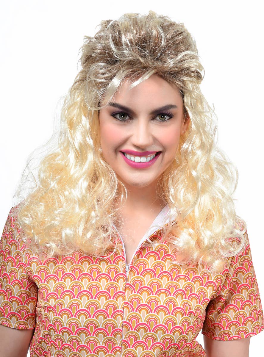 Image of Frosted Blonde Women's 1980s Mullet Costume Wig with Roots - Close Front View