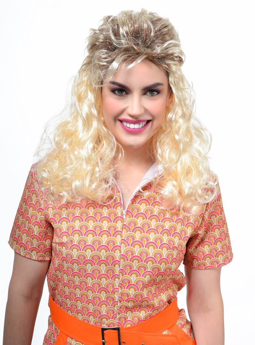 Image of Frosted Blonde Women's 1980s Mullet Costume Wig with Roots - Front View