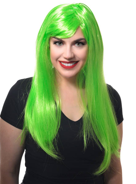 Image of Long Women's Straight Neon Green Costume Wig with Fringe