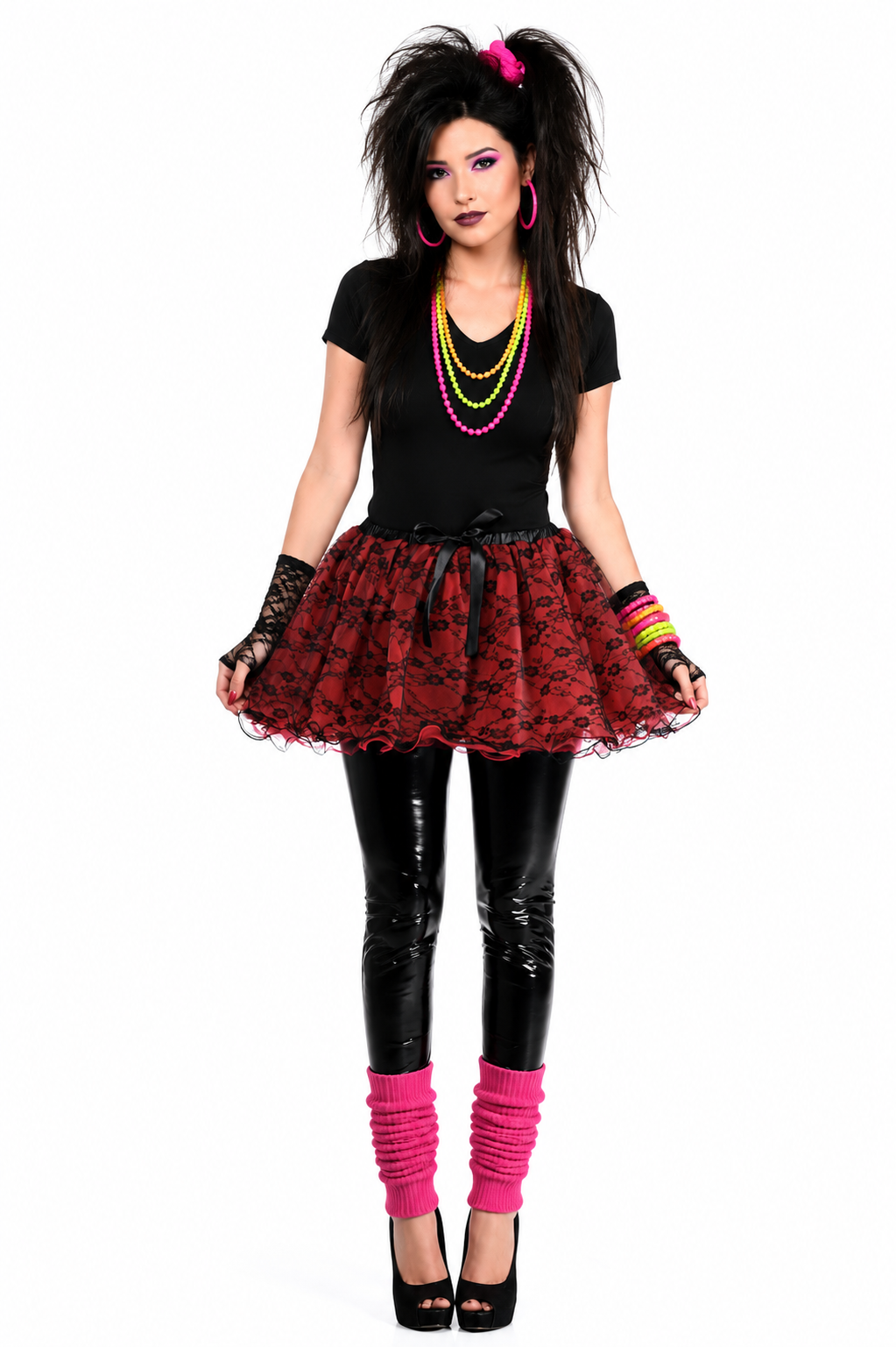 Womens Red and Black Lace Fluffy Costume Tutu - 80s Style Image