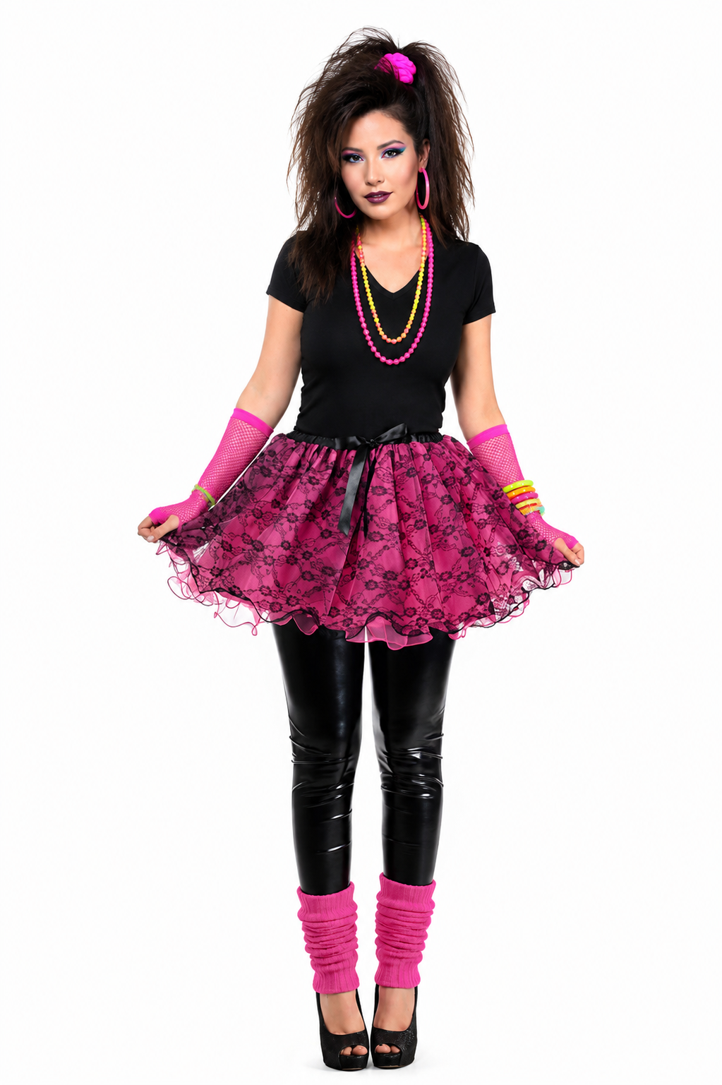 Womens Pink and Black Lace Fluffy Costume Tutu - 80s Style Image