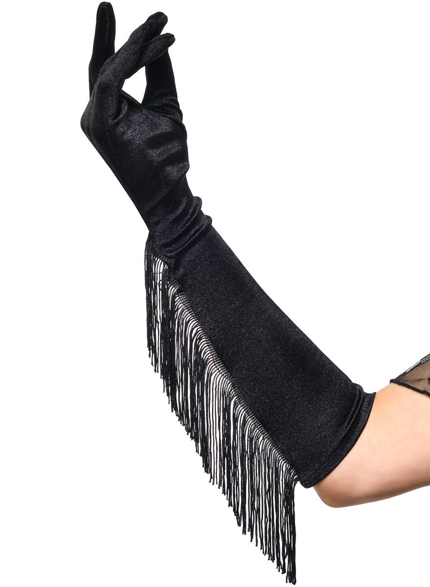 Womens Black Flapper Costume Gloves with Fringing