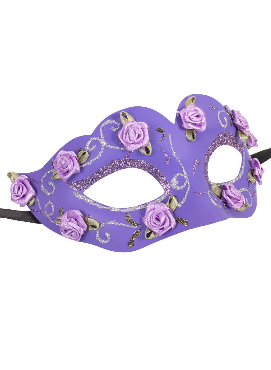Glittery Floral Purple Masquerade Mask - Side Image