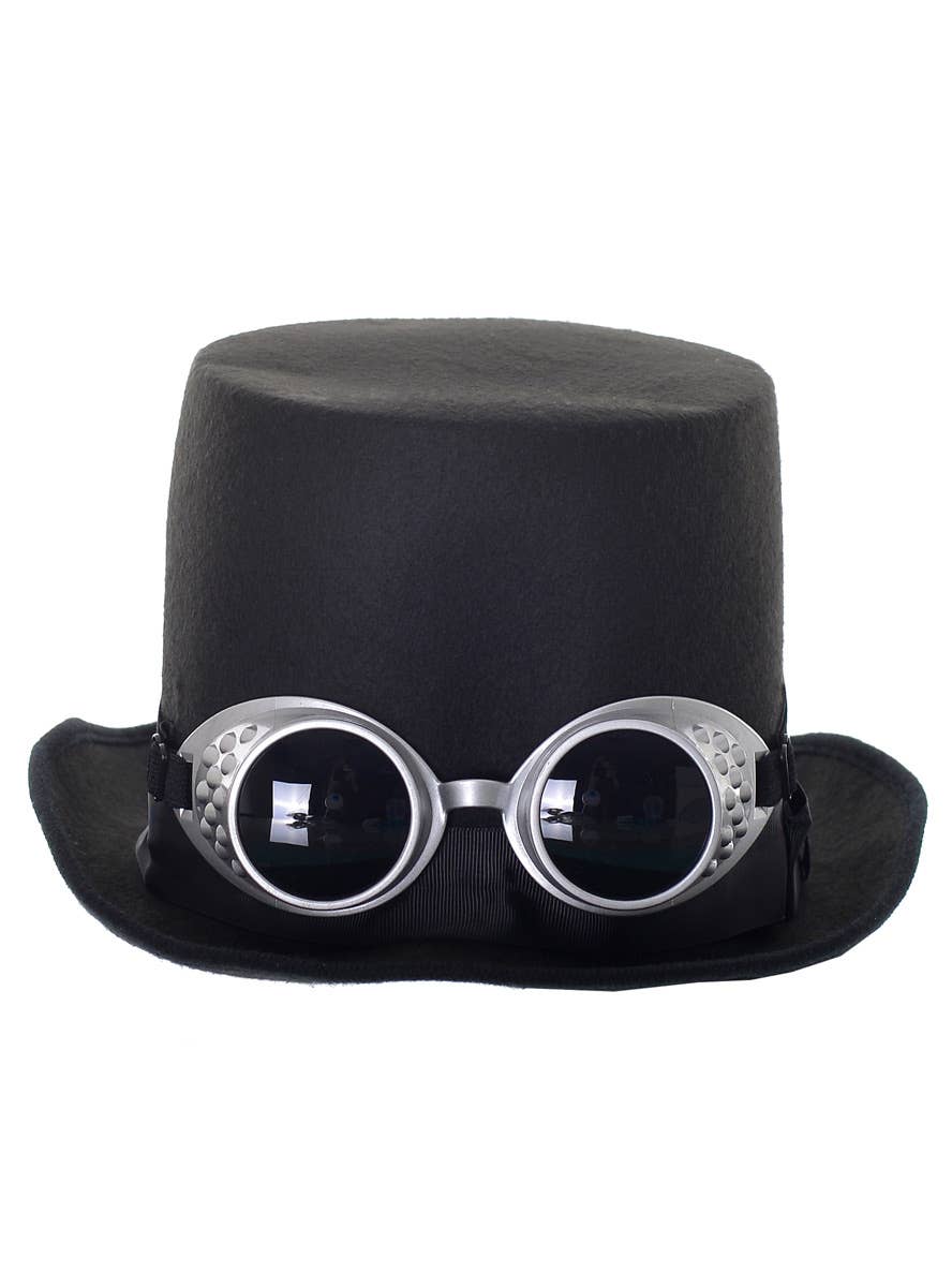 Soft Black Feltex Steampunk Top Hat with Silver Goggles
