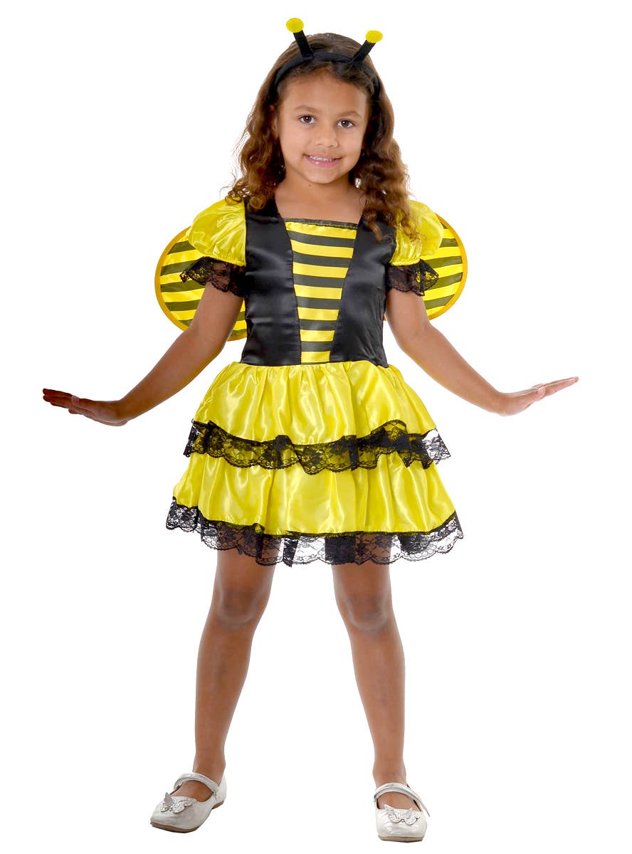 Black and Yellow Children's Bumble Bee Girls Dress Up Costume - Front View