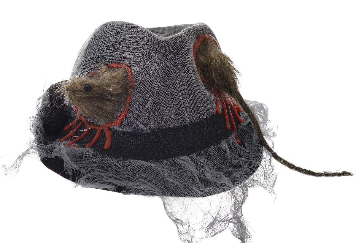 Black and Grey Tattered Fedora Costume Hat with Rat Close Image