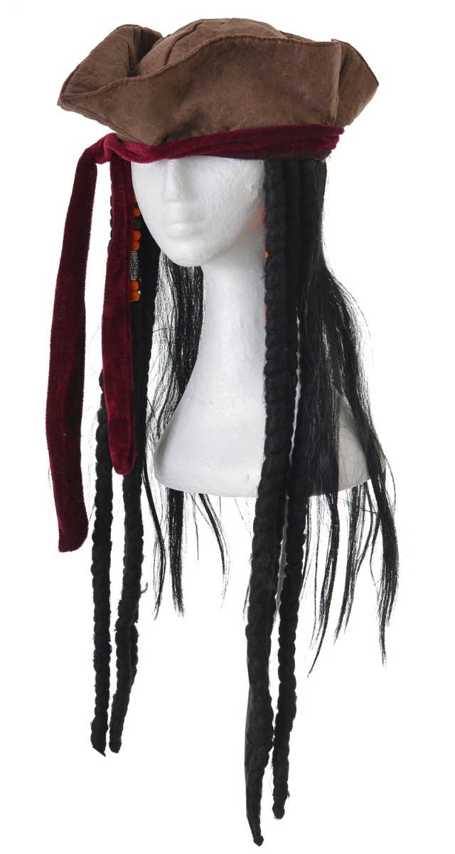 Adult's Brown Pirate Tricorn Faux Hair Dreadlocks Beaded Costume Hat Accessory Main Image