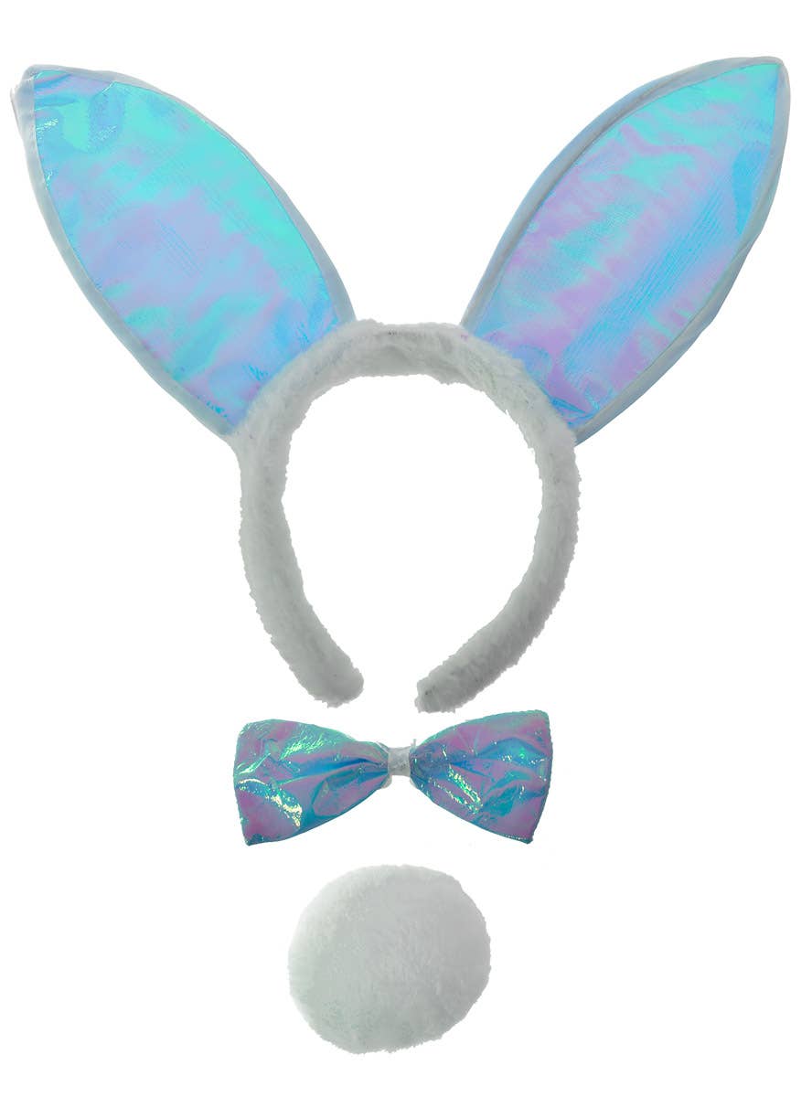 Cute Iridescent Blue Bunny Ears, Bow Tie and Tail Accessory Set