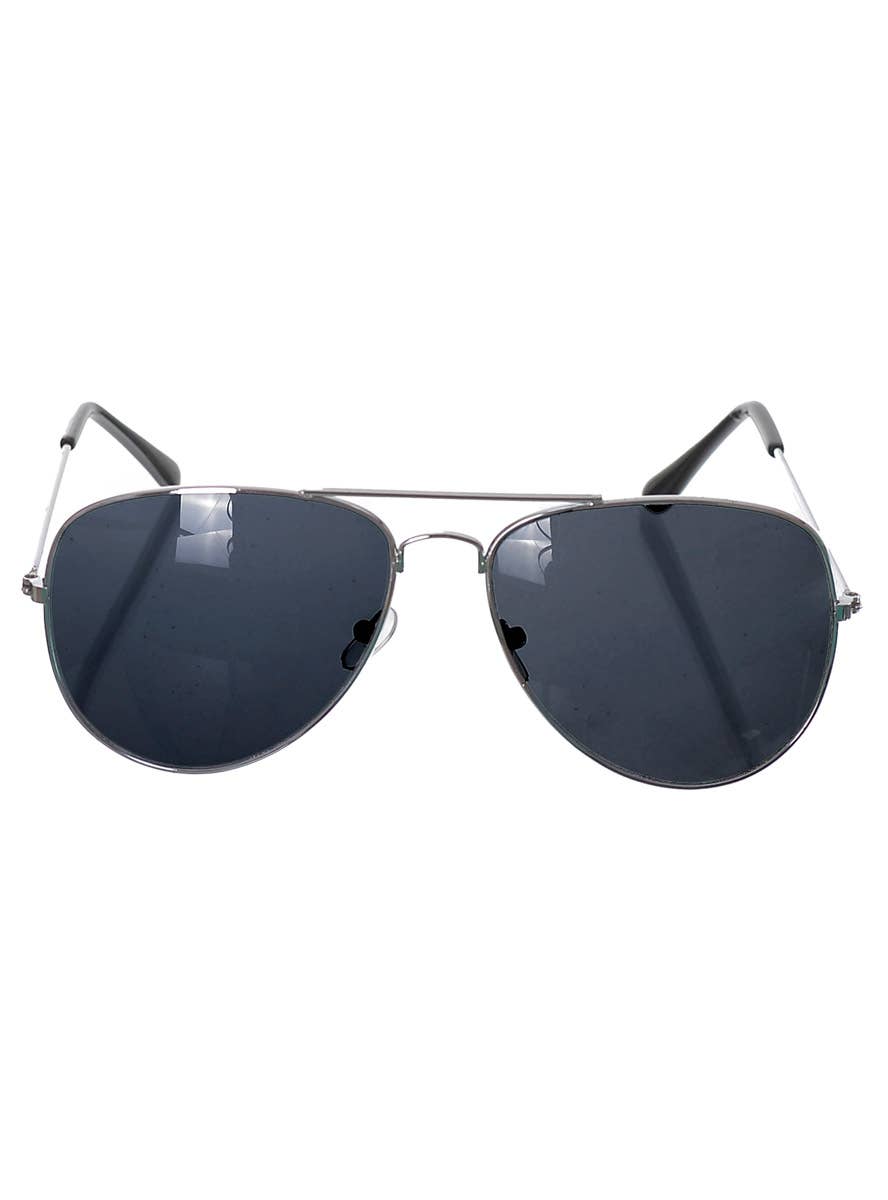 Aviator Costume Glasses with Black Lenses and Silver Frame