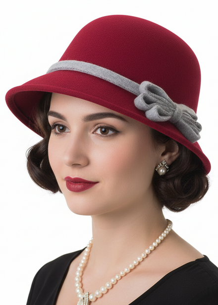 Maroon Red Felt 1920's Women's Cloche Bell Hat Costume Accessory - Main Image