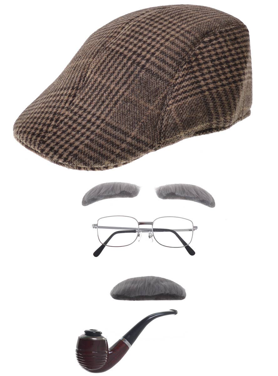 Old Man Hat, Facial Hair, Glasses and Pipe Accessory Set