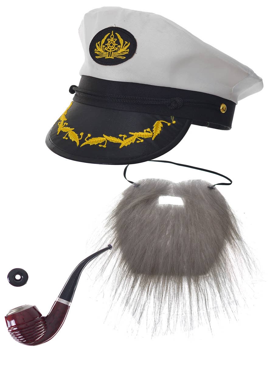 3 Piece Boat Captain Hat Beard and Pipe Accessory Set