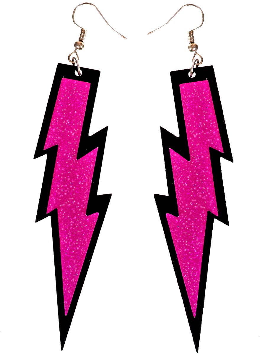 Pink Glitter 1980s Lightning Bolt Costume Earrings