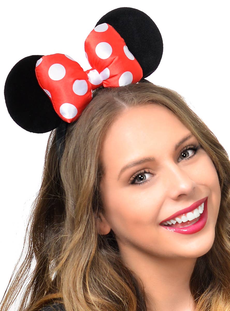Plush Red and White Polka Dot Bow on Minnie Mouse Ears Headband