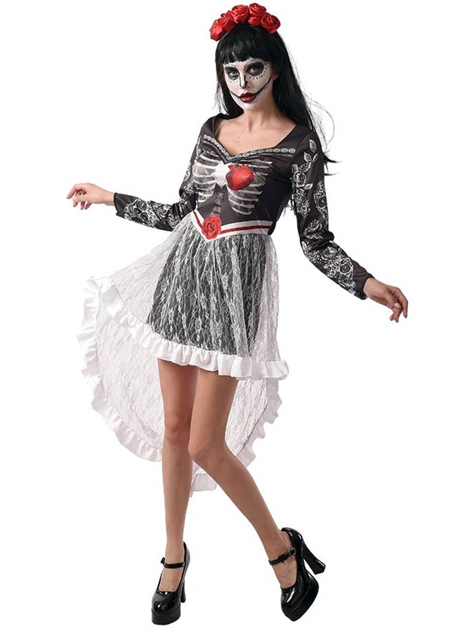 Image of Womens Halloween Costume, Black and White Lace Day of the Dead Costume for Women