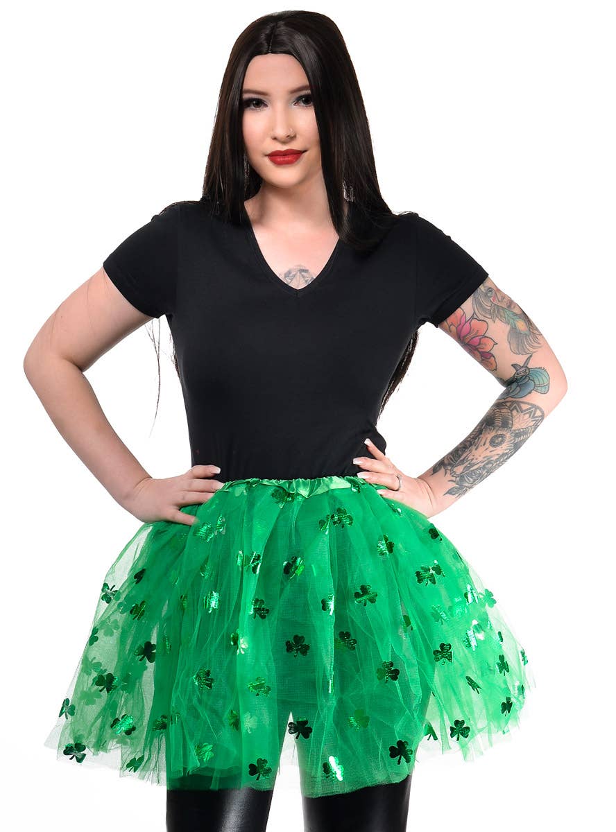 Green Lucky Clover Print Womens St Patricks Day Costume Tutu - Close Image