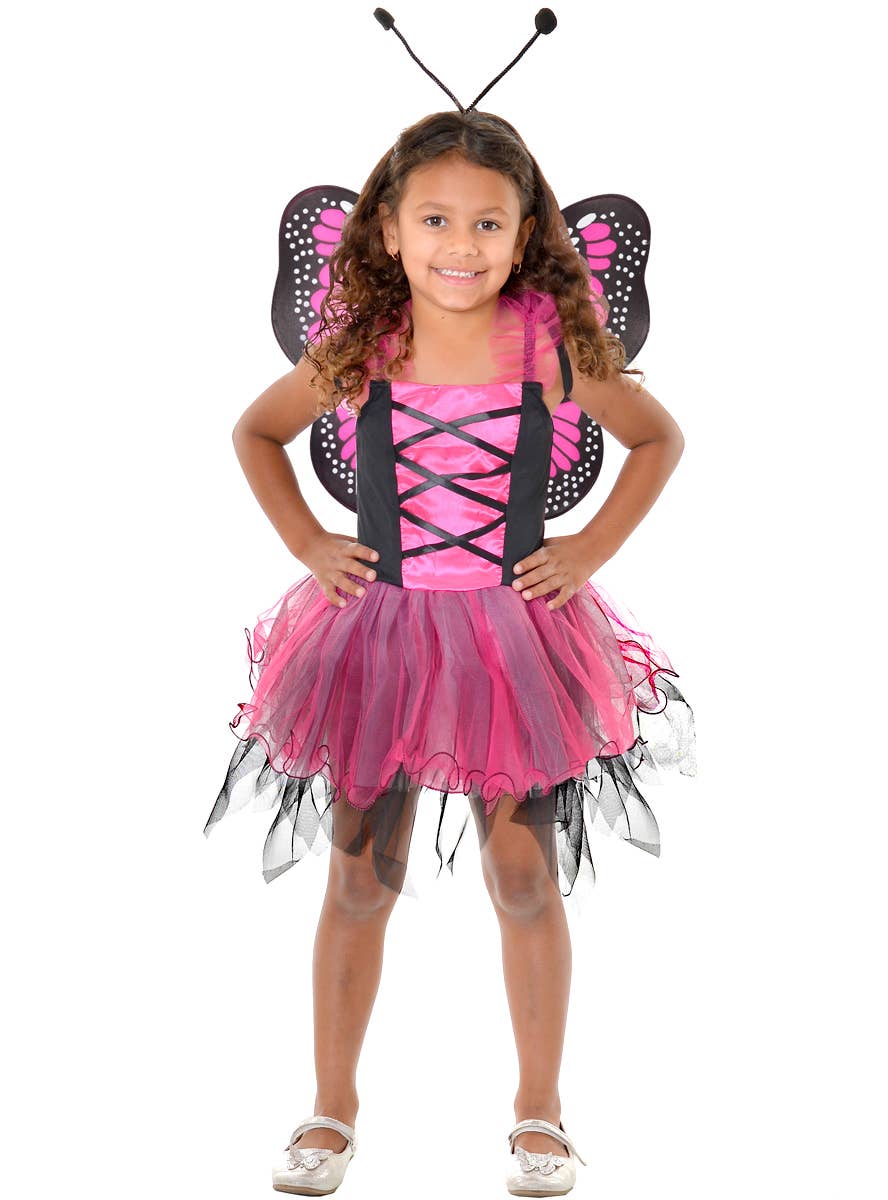 Girl's Pink and Black Fluttery Butterfly Dress Up Costume with Wings and Headpiece - Front View