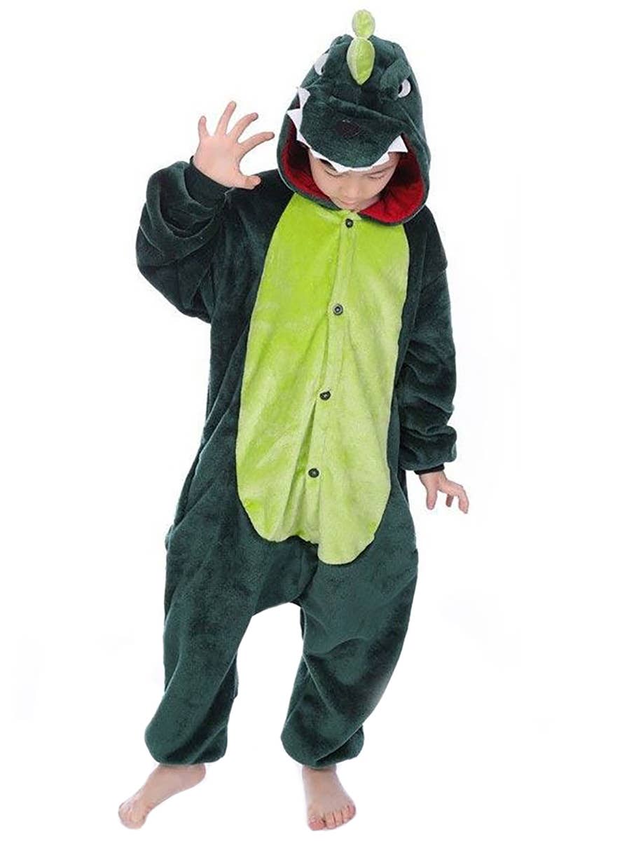 Kids Green Dinosaur Onesie Costume - Front Image