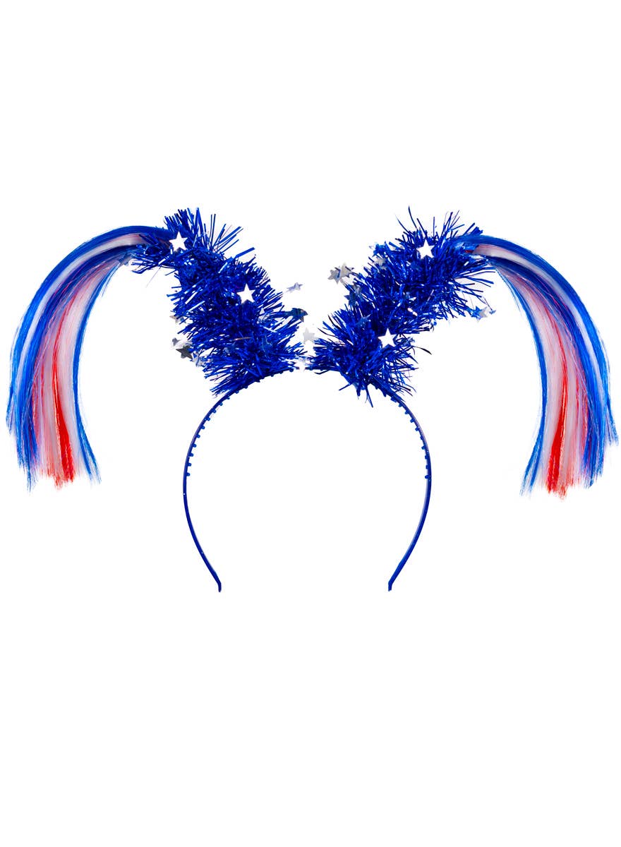 Red White and Blue Tinsel Headband with Synthetic Hair Bobbles