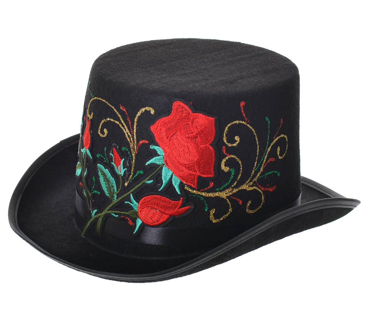 Embroidered Rose Black Top Hat Day of the Dead Costume Accessory Zoom image
