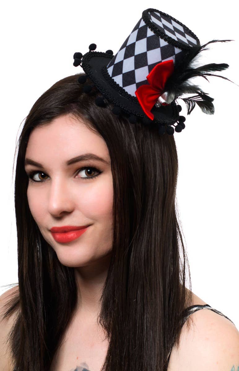 Harlequin Black and Red Mini Top Hat Halloween Costume Accessory Main Image