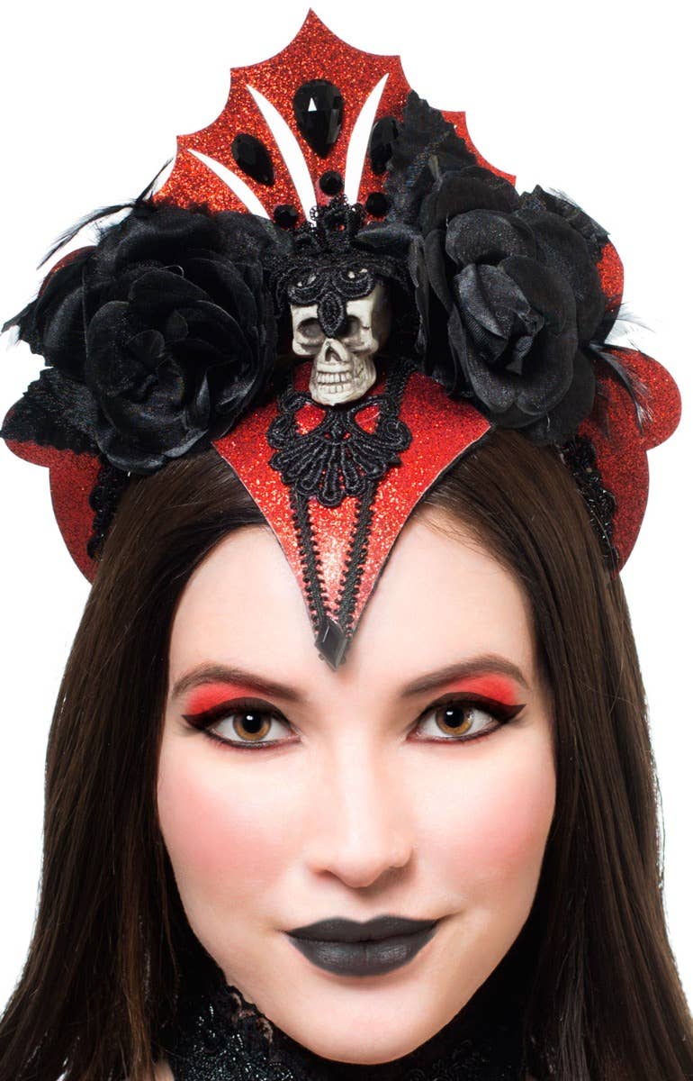 Red and Black Glitter Vampire Queen Headband Costume Accessory Close Image
