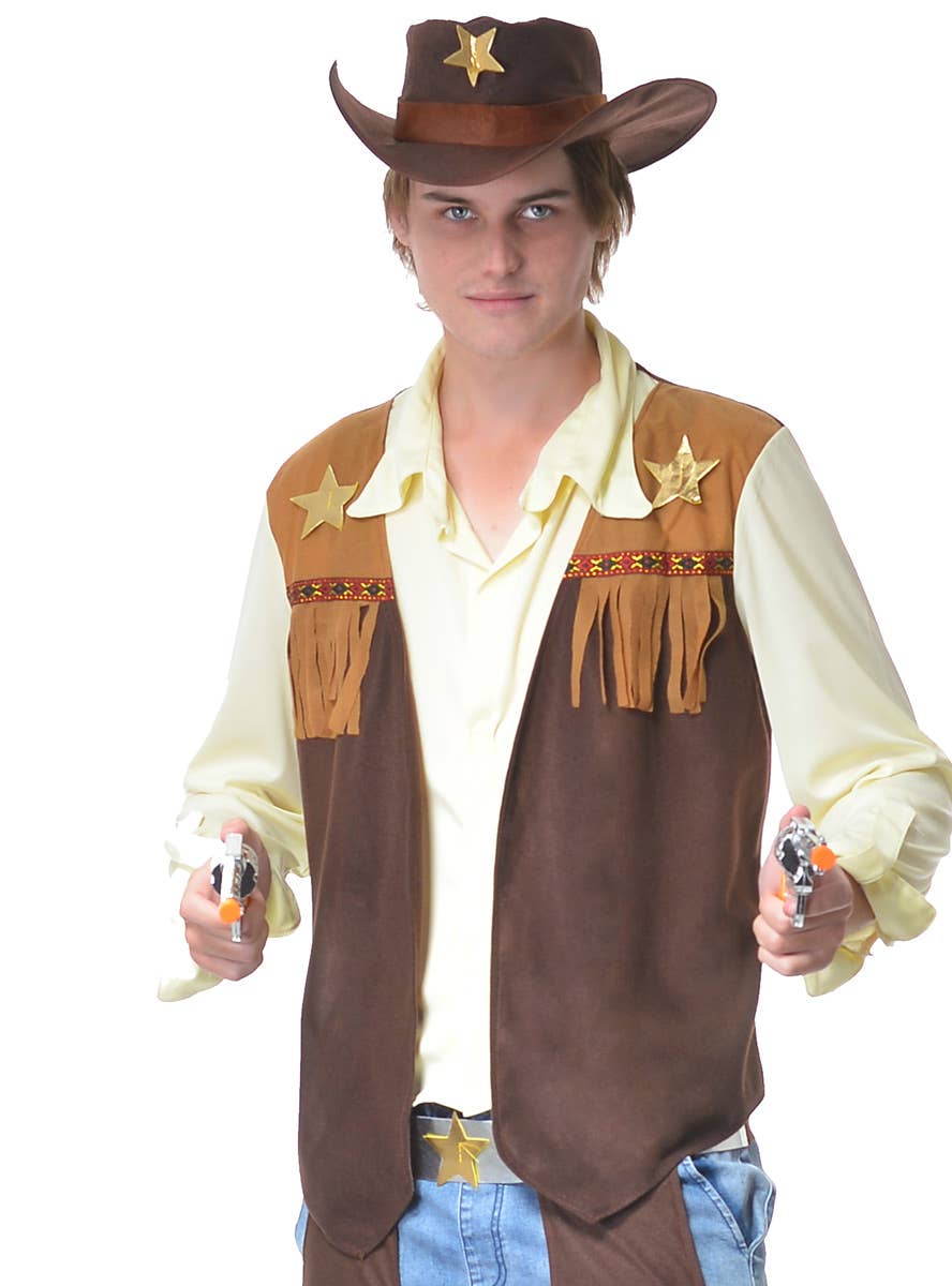 Mens Western Cowboy Brown Fancy Dress Costume - Close Image
