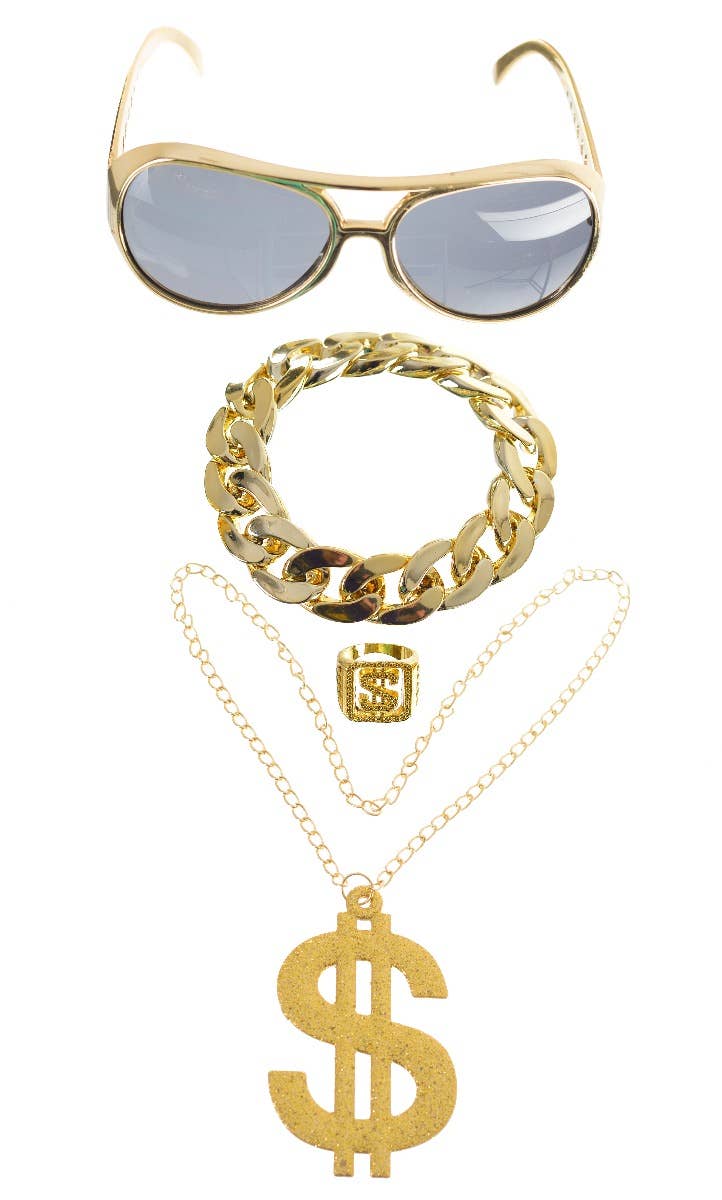 Image of Hip Hop Gangsta Rapper Gold Jewellery Accessory Set