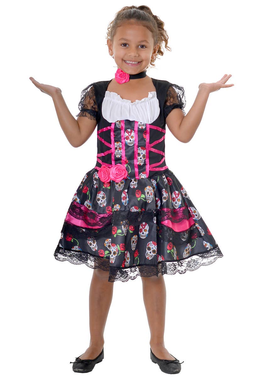 Image of Day of the Dead Girls Pink Sugar Skull Halloween Costume - Front View