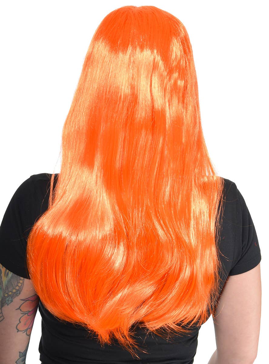 Womens Neon Orange Long Straight Costume Wig with Front Fringe - Back Image