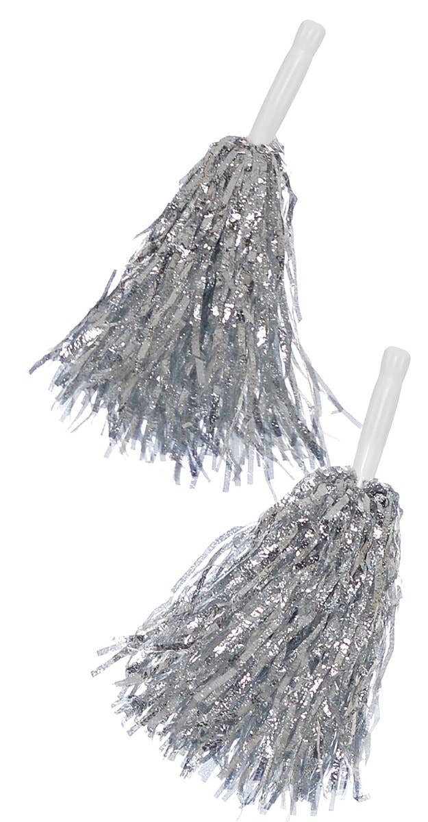 Metallic Silver Tinsel Pom Pom Cheerleader Costume Accessory Main Image