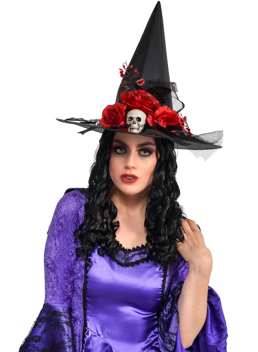 Black Witch Hat with Red Roses and Skull - Alternate Image 1