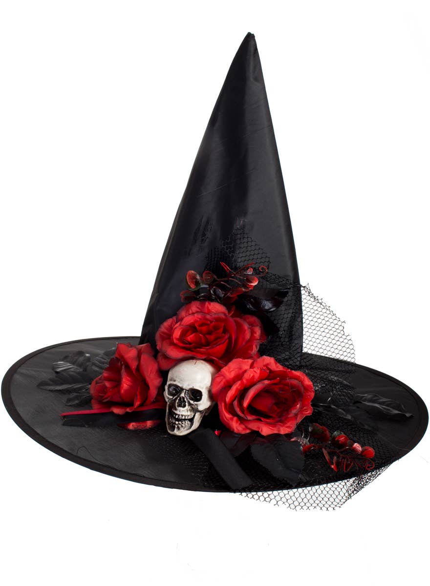 Black Witch Hat with Red Roses and Skull - Alternate Image 2