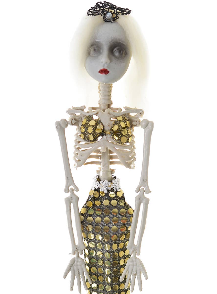 Creepy Sequinned Gold Mermaid Skeleton Halloween Prop Close Image