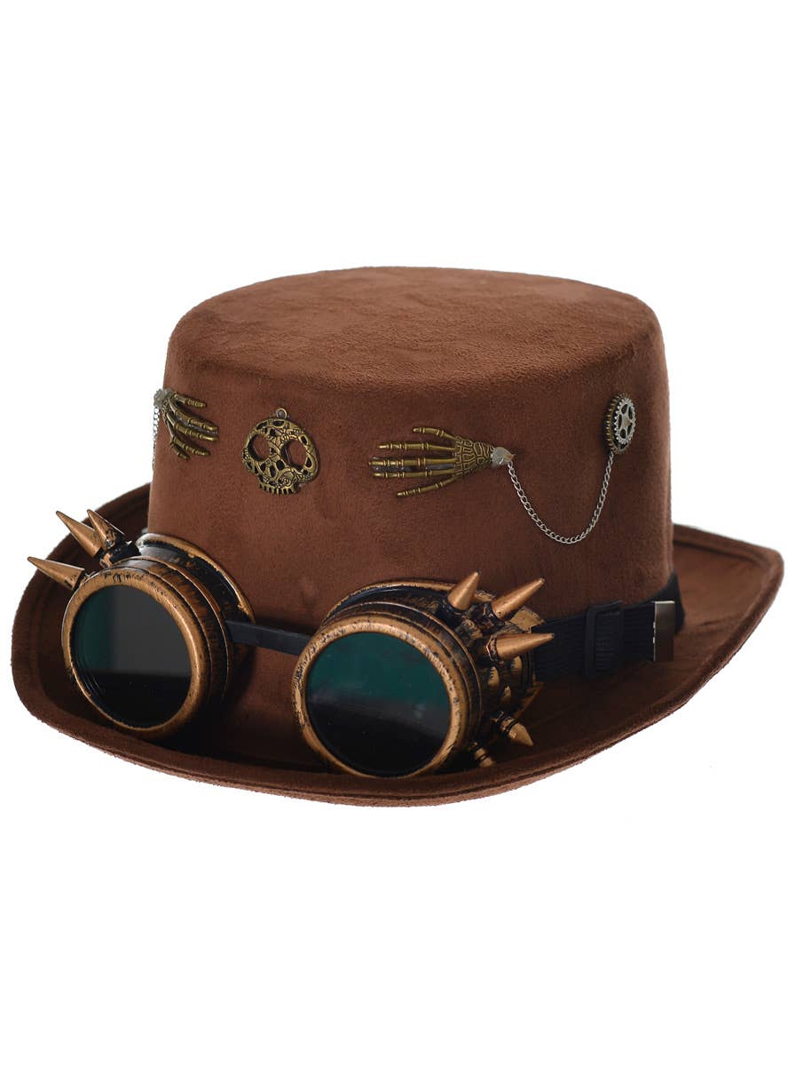 Adult's Brown Faux Suede Top Hat with Goggles and Skull