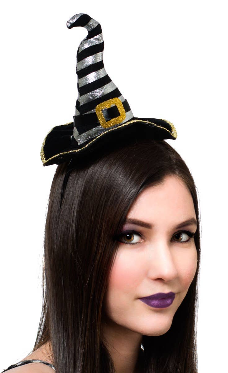 Mini Black and Silver Striped Witch Hat on Headband Costume Accessory Main Image