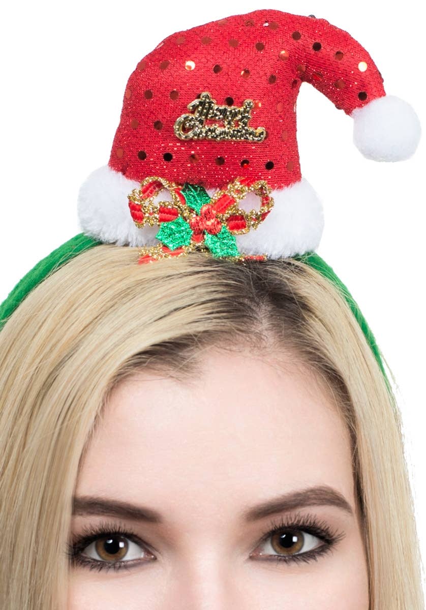 Mini Red Santa Hat on Headband with Sequins Close Image
