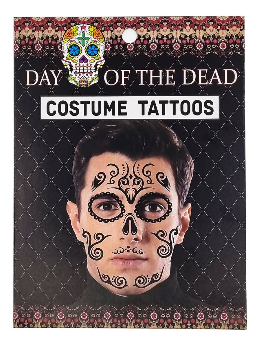 Male Face Black Day of the Dead Sugar Skull Temporary Face Tattoos - Main Image