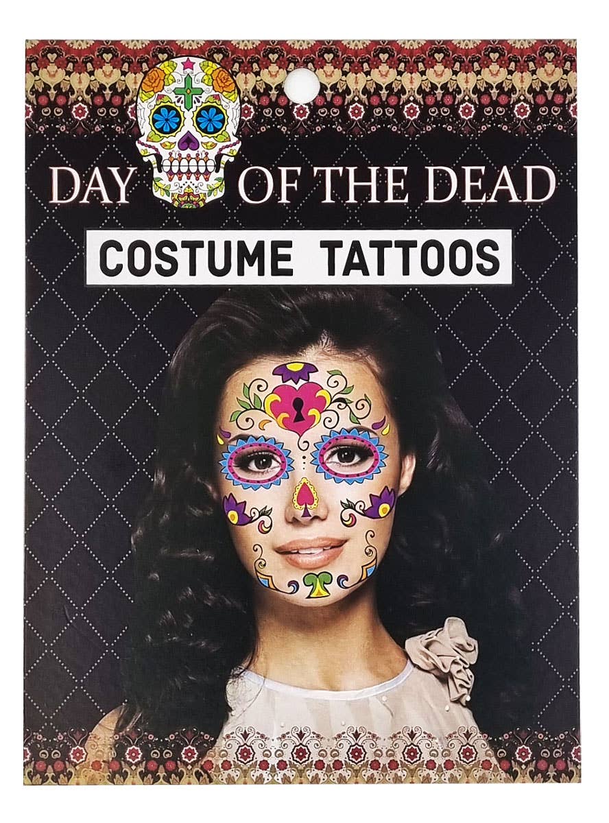 Purple and Red Hearts and Flowers Day of the Dead Sugar Skull Temporary Face Tattoos - Packaging Image