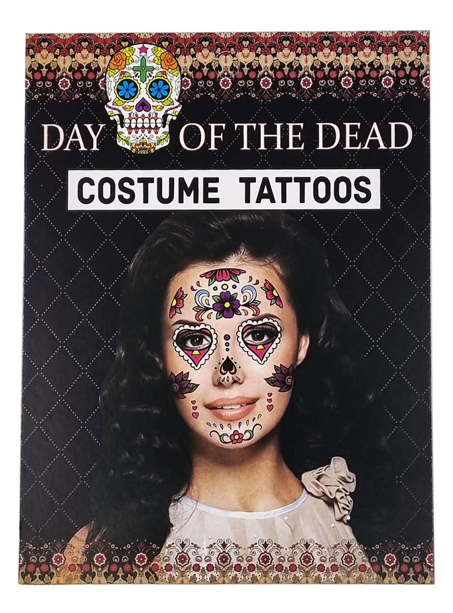 Multicoloured Day of the Dead Sugar Skull Temporary Face Tattoos - Packaging Image