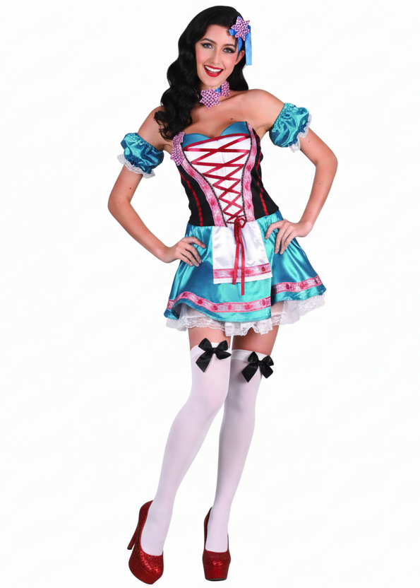 Traditional Blue Satin And Pink Ribbon German Oktoberfest Women's Fancy Dress Costume Main Image