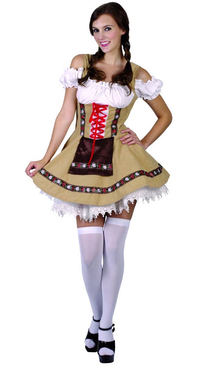 German Alpine Girl Oktoberfest Dress Women's Tan Brown Beer Girl Costume - Main Image