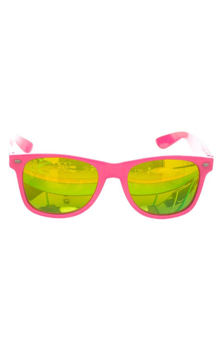 Neon Pink Retro Glasses With Green Mirrored Lenses 80s Costume Accessory Main Image