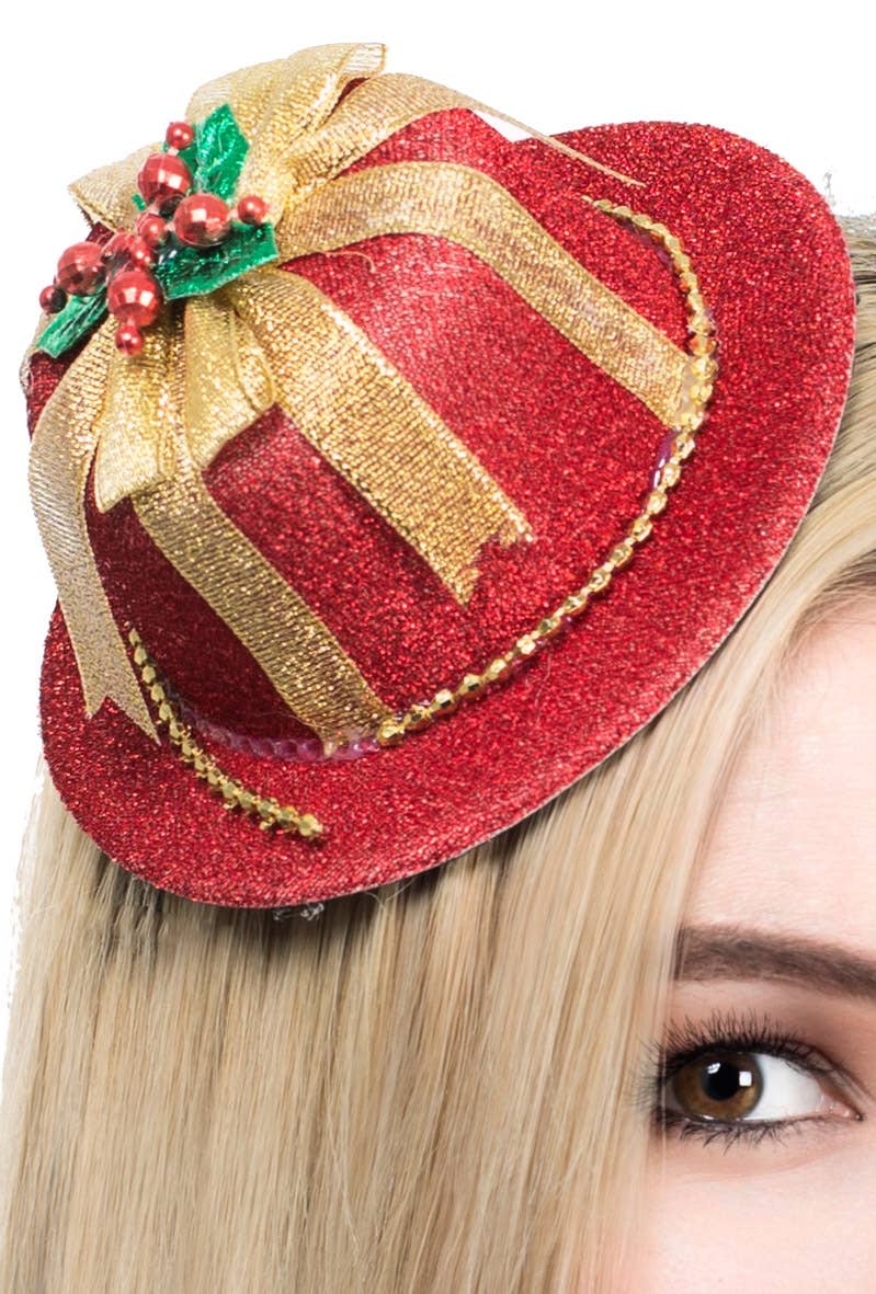 Red and Gold Mini Christmas Hat on Clips Close Image