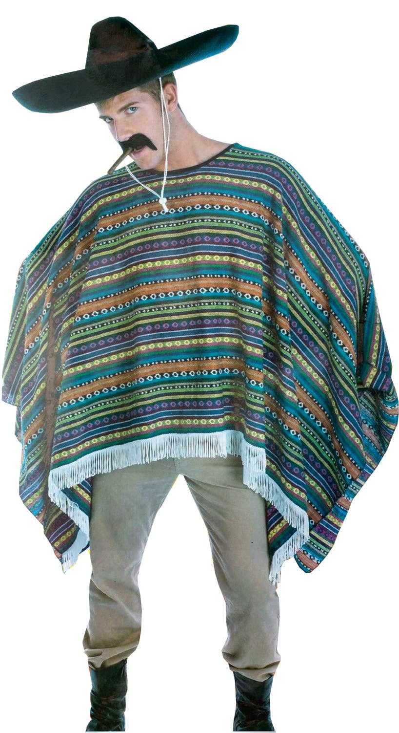 Men's Deluxe Striped Colourful Mexican Poncho Costume