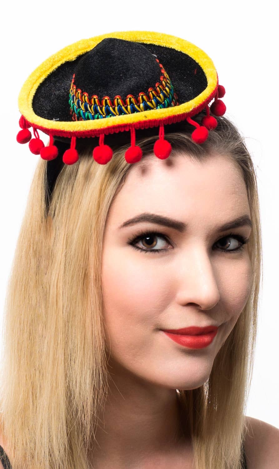 Black, Yellow and Red Mini Mexican Sombrero Costume Hat on Headband Main Image