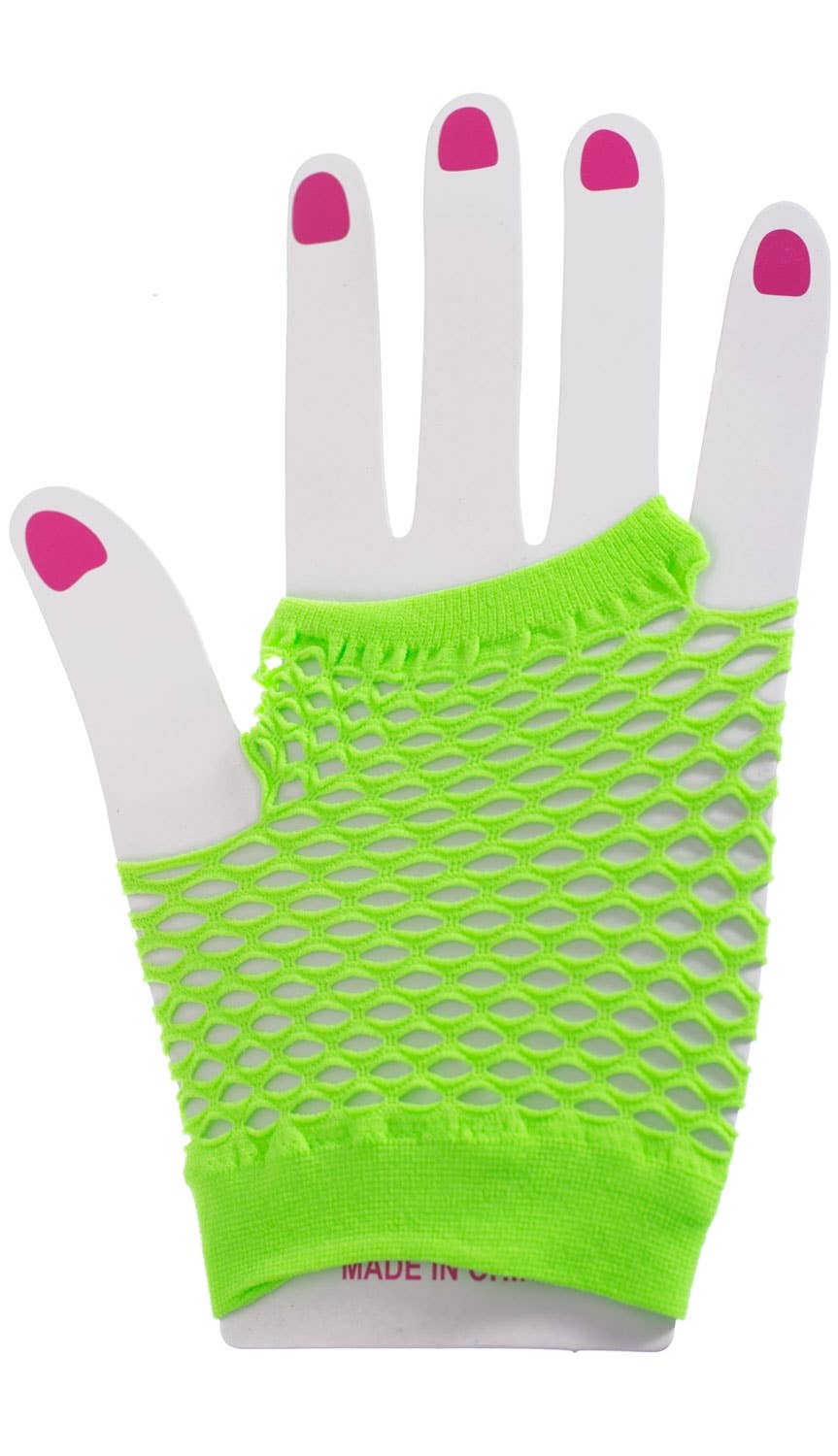 Neon Green Short Fingerless Fishnet 80s Costume Gloves Main Image