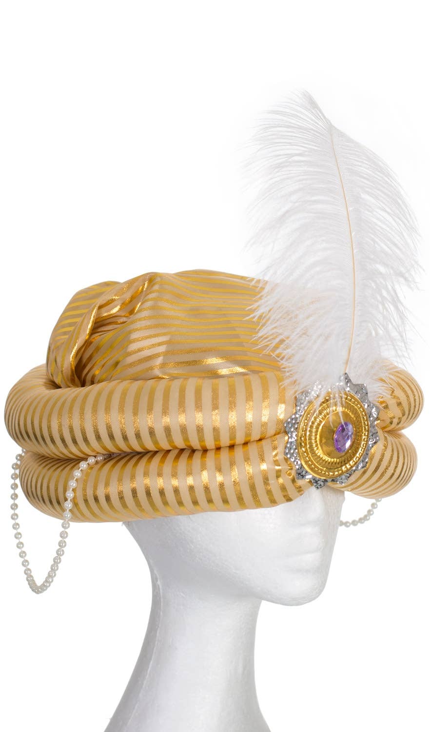 Gold Striped Prince Genie Turban Arabian Costume Hat With White Feather - Main Image