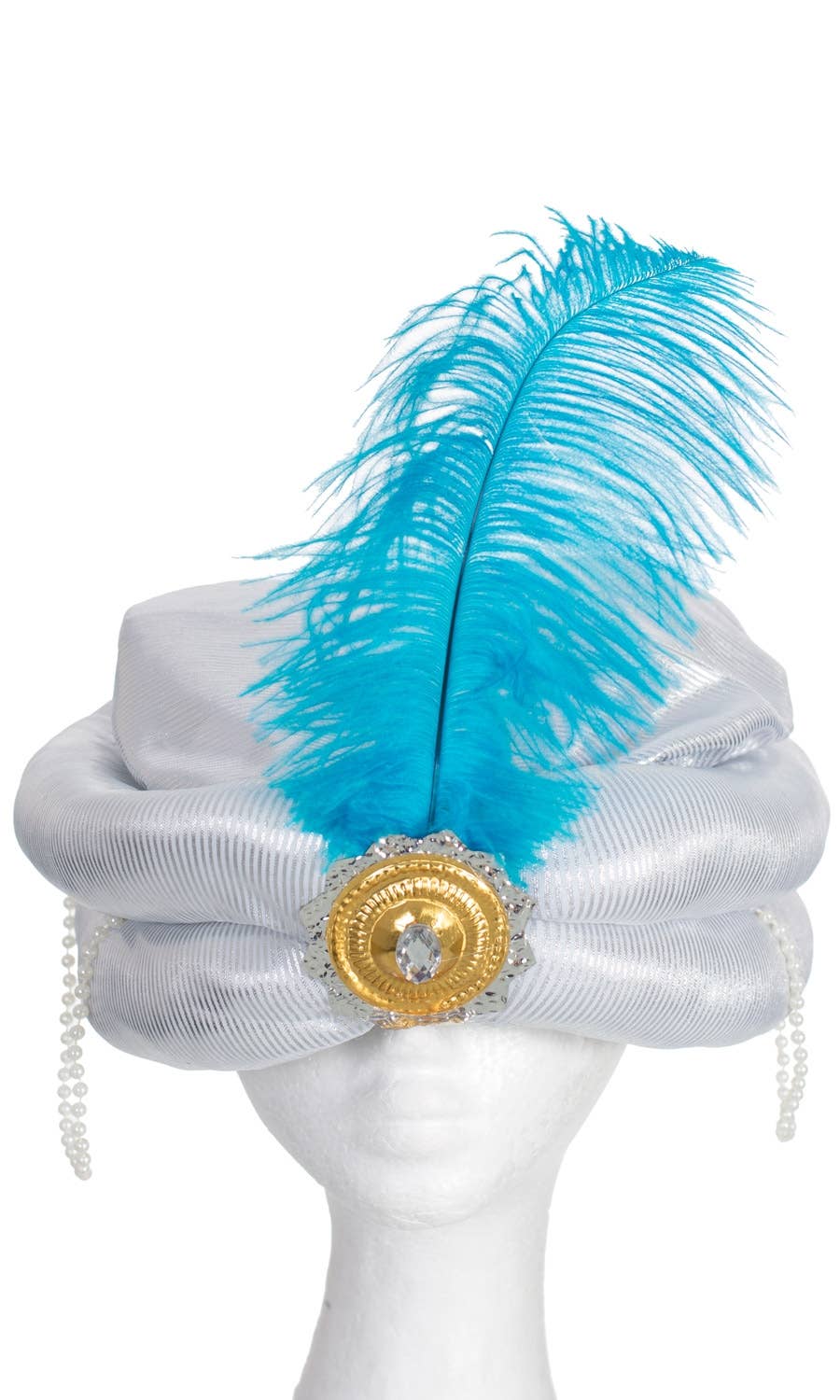 Silver  Striped Arabian Prince Genie Turban Costume Hat With Blue Feather Main Image